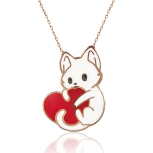 Mineli Kalp Tutan Kedi Rose Gümüş Kolye