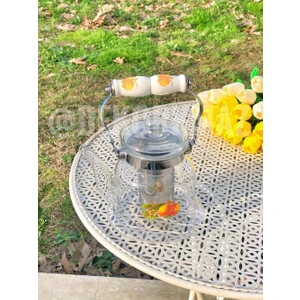 Cam 1200 ml Turuncu Çiçek Detaylı Tutmalı Isıya Dayanıklı Demlik