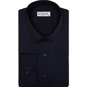 Slim Fit Armür Desenli Lacivert Erkek Gömlek