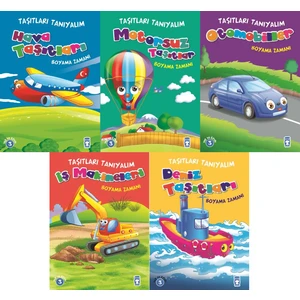 Taşıtları Tanıyalım 5 Kitap Boyama Seti (Hava, Motorsuz, Otomobiller, Iş Makineleri, Deniz)