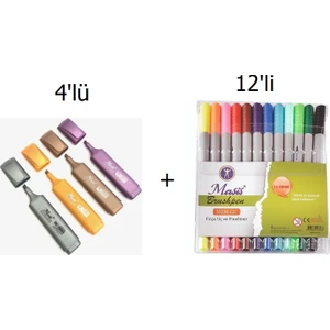 Metalik Fosforlu Kalem 4'lü  + Masis Çift Uçlu Kalem 12'li