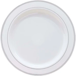 Plastik Gümüş Renk Işlemeli Beyaz Tabak 19 cm - 6'lı