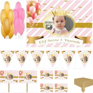 Hayaller Dükkanı Altin Konsept, Prenses Temalı Doğum Günü Süsleme ve Magnet Set,  1 Yaş Doğum Günü Süsleri, Kız Çocuk 50X70 cm Branda Baskı