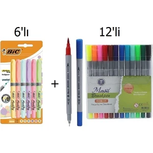 Kalem Tipi Fosforlu Kalem Pastel Renk 6'lı + Masis Çift Uçlu Kalem 12'li