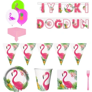 Hayaller Dükkanı Flamingo Temalı Doğum Günü Süsleri Masa Seti Parti Seti Full Set 8 Kişilik 8 Kişilik Tabak Bardak Peçete Çatal