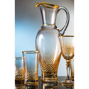 Antik Sarı Kesme El Dekor Yaldızlı Desenli Cam Karaf Sürahi