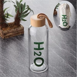 H2O Bambu Kapaklı Borosilikat Cam Matara 600 Ml