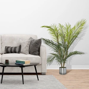 Yapay Çiçek Areka Ağacı Palmiye Ağacı Bambu Saplı Gümüş Saksılı Salon Çiçeği 18 Yaprak 85 cm