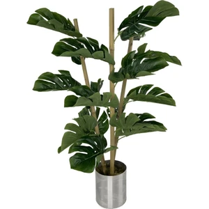 Yapay Çiçek Monstera Bambu Saplı Deve Tabanı Gümüş Saksılı Salon Çiçeği 18 Yaprak 80 cm