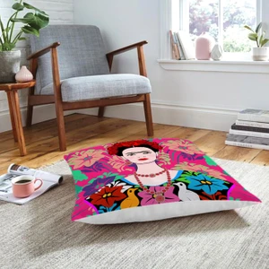 Fuşya Zeminde Frida Kahlo Motifli Özel Tasarım Yer Minderi