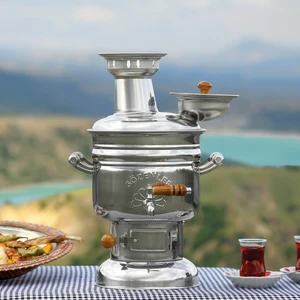 4 Litre Krom Kömürlü Semaver Porselen Kulp KS11 P-Dicle
