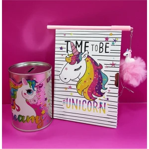 Unicorn Kilitli Hatıra ve Günlük Defteri + Unicorn Peluş Kalem + Kumbara