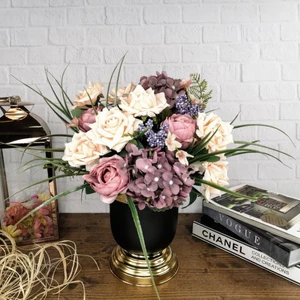 Yapay Çiçek Aranjmanı Metal Mat Siyah Altın Vazoda Özel Tasarım Latex Güller Ortancalar