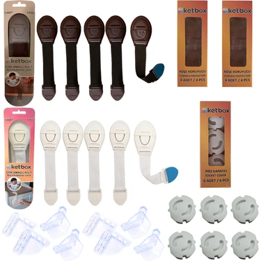 Ketbox Çocuk Bebek Güvenlik Emniyet Seti -  10 Çekmece Dolap Kilidi + 8 Köşe Koruyucu + 6 Priz