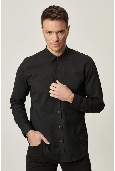 AC&Co / Altınyıldız Classics Erkek Siyah Tailored Slim Fit Dar Kesim Düğmeli Yaka Oxford Gömlek