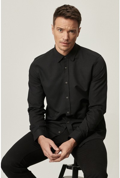 AC&Co / Altınyıldız Classics Erkek Siyah Tailored Slim Fit Dar Kesim Düğmeli Yaka Oxford Gömlek