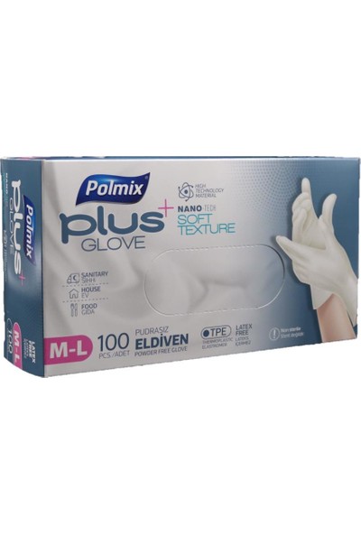 Polmix Plus Glove Şeffaf Pudrasız Eldiven Nano Tech 100'LÜ M-L