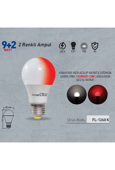 Forlife Renkli LED Ampül 2 Renk Beyaz-Kirmizi 9+2 Watt FL-1260-BK