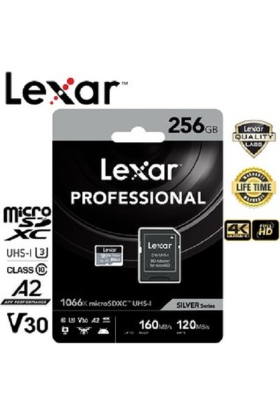 Lexar 256GB Professional 1066X UHS-I MicroSDXC Memory Card + SD Adaptör Silver Series