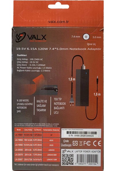 Valx LA-19561 19.5V 120W 7.4x5.0 Notebook Adaptör
