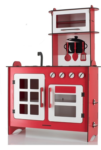 Emrin Oyuncak Hediyelik - Kırmızı Renk Ahşap Oyuncak Montessori Evcilik Mutfak Seti