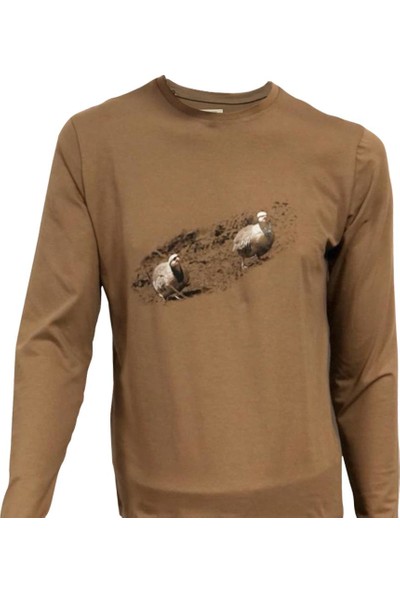 Spayko Kuşlu Kahverengi Uzunkol T-Shirt