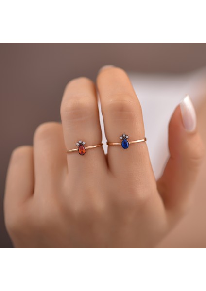 Ayyıldız Kuyumculuk Kadın Mavi Taşlı Damla Altın Yüzük