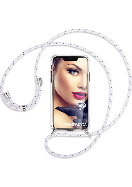 Huawei Mate 20 Lite Kılıf Boyun - Omuz Askılı Köşe Korumalı Beyaz iPli Kordonlu Anti Şok Şeffaf Silikon