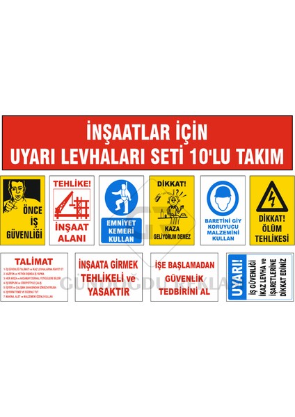 İnşaatlar İçin Uyarı Levhaları Seti 10 Adet