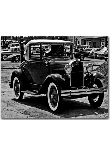 Ahşap Tablo Siyah Beyaz Antika Amerikan Araba