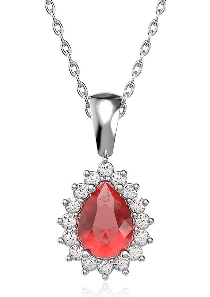 Damla Fuşya Taşlı Anturaj Beyaz Gümüş Kolye