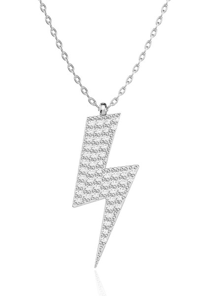 Taşlı Şimşek Beyaz Gümüş Kolye