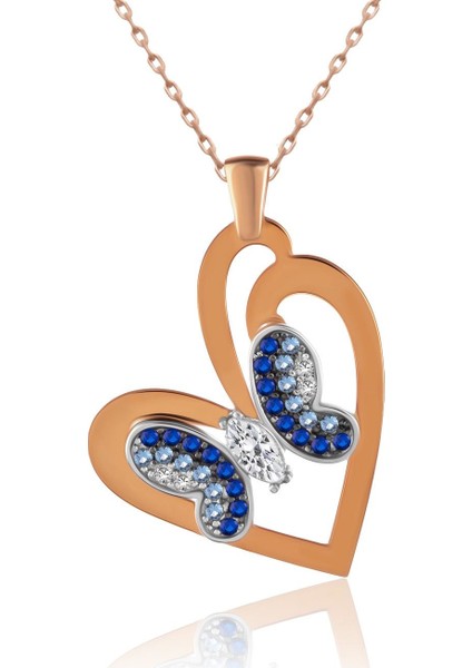 Aqua Geçişli Kelebek Rose Gümüş Kolye