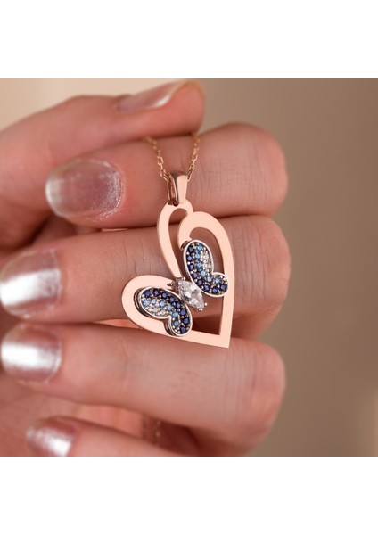 Aqua Geçişli Kelebek Rose Gümüş Kolye