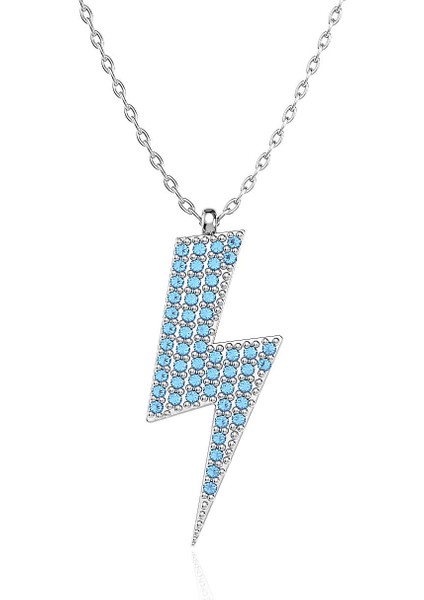 Aqua Taşlı Şimşek Beyaz Gümüş Kolye