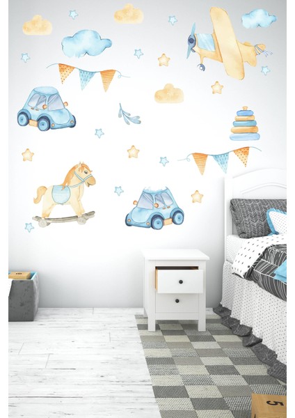Pastel Tonlarda Araba, Uçak, At Figürleri Çocuk Bebek Odası Sticker