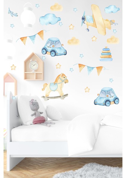 Pastel Tonlarda Araba, Uçak, At Figürleri Çocuk Bebek Odası Sticker fiyatları