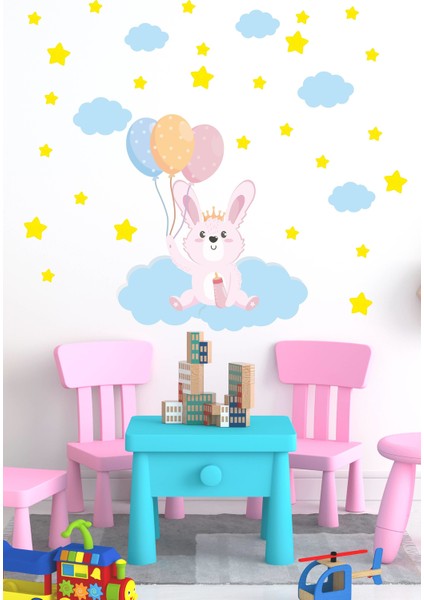 Sevimli Tavşan Bulutlar ve Yıldızlar Çocuk Bebek Odası Sticker