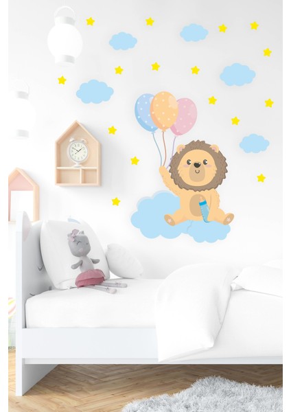 Sevimli Aslan Bulutlar ve Yıldızlar Çocuk Bebek Odası Sticker