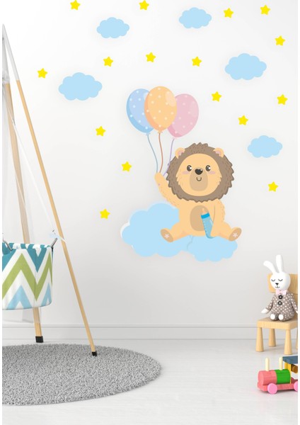 Sevimli Aslan Bulutlar ve Yıldızlar Çocuk Bebek Odası Sticker modelleri