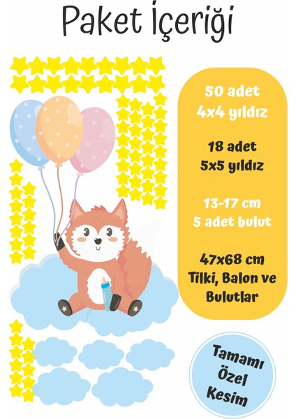 Sevimli Tilki Bulutlar ve Yıldızlar Çocuk Bebek Odası Sticker modelleri