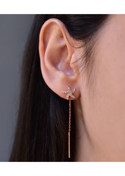 925 Ayar Gümüş Rose Altın Kaplama Yıldız Zincir Küpe