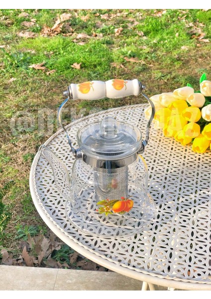 Cam 1200 ml Turuncu Çiçek Detaylı Tutmalı Isıya Dayanıklı Demlik