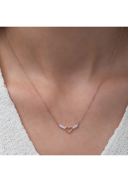 925 Ayar Gümüş Rose Kaplama Peri Kanadı Kalp Kolye