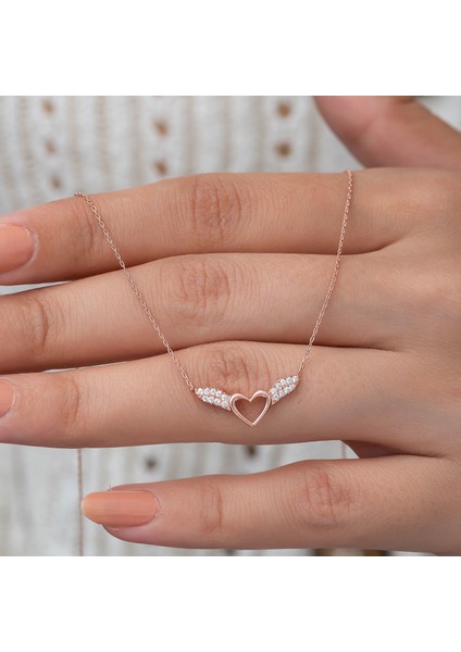 925 Ayar Gümüş Rose Kaplama Peri Kanadı Kalp Kolye fiyatları