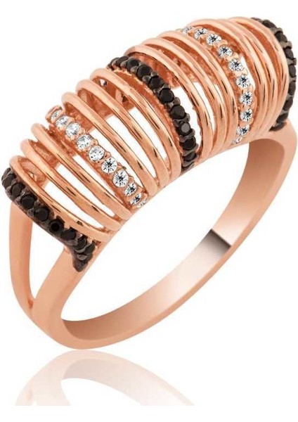 Gümüş Siyah Beyaz Taşlı Kadın Yüzük