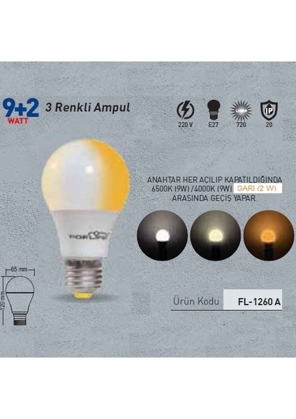 Renkli LED Ampül 3 Renk Beyaz-Sarı 9+2 Watt FL-1260-BS fiyatları