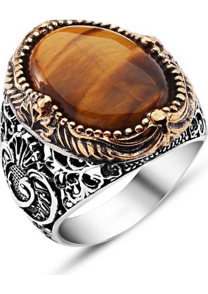 Gümüş Kaplan Gözü Taşlı Erkek Yüzük