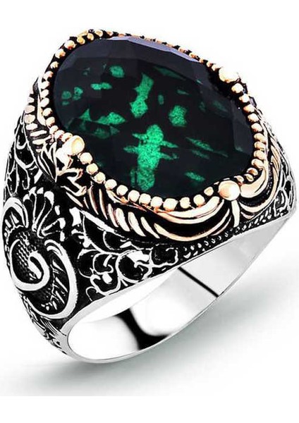 Gümüş Yeşil Zirkon Taşlı Erkek Yüzük