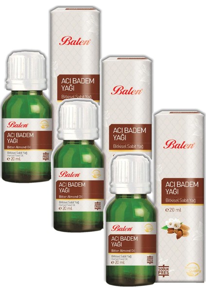 3 Adet Balen Acı Badem Yağı Doğal,saf (Soğuk Pres) 20 ml
